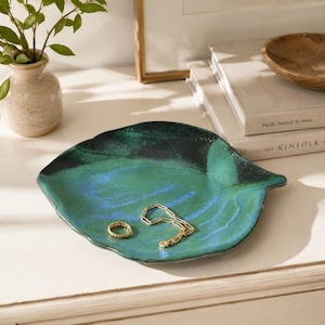 Vintage Handmade Pottery Leaf Dish, Green Blue Ceramic Trinket Tray Catchall