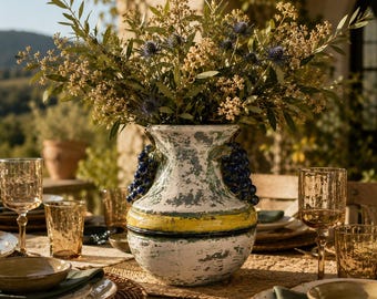 Vintage Hand Painted Ceramic Grape Vase Distressed Rustic Italian Style 12 Inch
