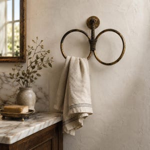 Vintage Brass Double Towel Ring Wall Holder 80s Style Bathroom Decor