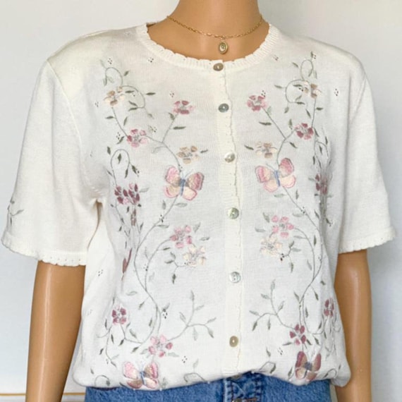 BEAUDRM Women's Floral Embroidery Hippie Crop Cardigan Sweater
