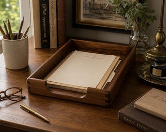 Ręcznie wykonany organizer na biurko z litego drewna orzechowego w stylu mid-century modern