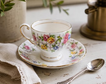 Vintage Tuscan Bone China Espresso Cup Saucer Floral English Cottage Decor