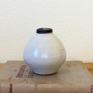 Può includere: Un piccolo vaso in ceramica bianco sporco con un bordo marrone scuro. Il vaso ha un corpo arrotondato e poggia su un libro vintage intitolato "The Encyclopedia of Furniture". Il vaso è un oggetto decorativo.