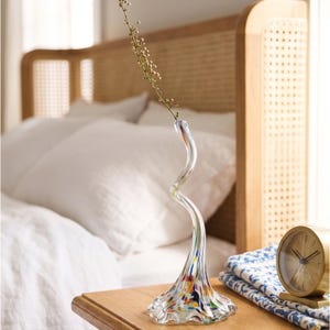 May include: A clear glass vase with a unique, curved design. The vase has a flared base with colorful specks and a slender, twisting stem. A delicate sprig of flowers is placed inside the vase. The vase is on a wooden nightstand.