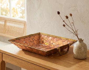 Bandeja vintage tejida de metal mixto 10x11 Cobre Latón Asas Art Deco Recogedor