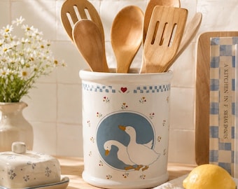Vintage Goose Utensil Crock Cottagecore Kitchen Decor Niebieski Biały Ceramiczny