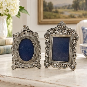 Pair of Ornate Silver Tone Mini Picture Frames, Oval & Rectangular Bird  Floral