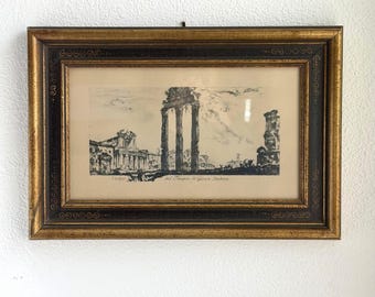 Antica incisione di rovine romane incorniciata in legno scuro, Grand Tour, arte classica da parete 11x17