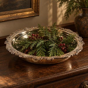 May include: A round silver bowl with an ornate, embossed rim featuring intricate scrollwork. The bowl is filled with green evergreen sprigs and small red berries, creating a contrast between the metallic surface and the natural elements.