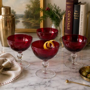 Vintage Ruby Red Cocktail Coupe Glasses Set of 4 Cranberry Stemware Bar Cart