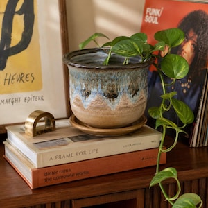 May include: A ceramic plant pot with a saucer, featuring a reactive glaze that transitions from a dark brown rim to a blue and white drip pattern over a tan base, containing a trailing green pothos plant with heart-shaped leaves.