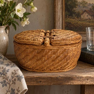 May include: An oval-shaped woven wicker basket featuring a natural light brown finish and a dual-hinged lid design. The basket is constructed with a tight, intricate herringbone weave pattern and includes a central woven handle connector.