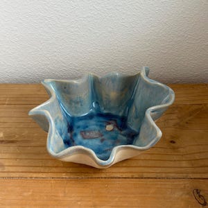 Ruffled Edge Ceramic Bowl Blue Glaze Handmade Pottery Abstract Sculptural Serving Bowl