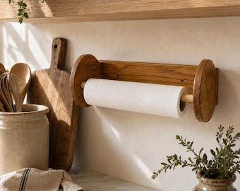 Vintage Oak Wall Mount Paper Towel Holder Cottage Kitchen Organizer 1980s
