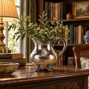 May include: A polished silver-toned metal pitcher featuring a curved handle, a wide pouring spout, and three ornate feet at the base. The pitcher is filled with green leafy branches and small white flowers, creating a decorative centerpiece.
