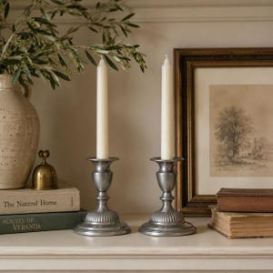 Può includere: Due portacandele in metallo color argento con base a piedistallo classica e dettagli scanalati, ciascuno contenente una candela affusolata lunga e sottile color bianco sporco. I portacandele presentano una finitura liscia e lucida.