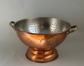Vintage Copper Footed Colander Brass Handles Stainless Interior Farmhouse 10in