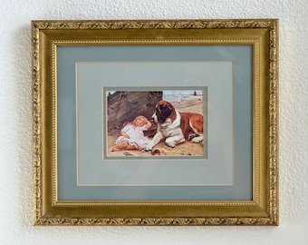 Vintage Gerahmter Viktorianischer Bernhardiner Hund Schlafendes Mädchen 10x12 Landseer Variant