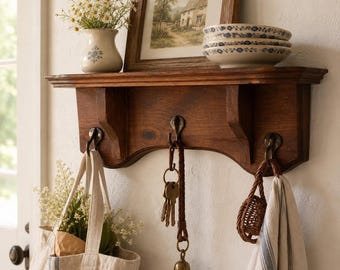 Vintage houten wandplank met messing haken Engelse cottage hal organizer