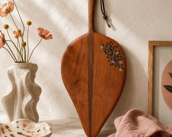 Vintage Teak Serving Board Kitchen Paddle Floral Inlay Wall Decor 1970s Boho