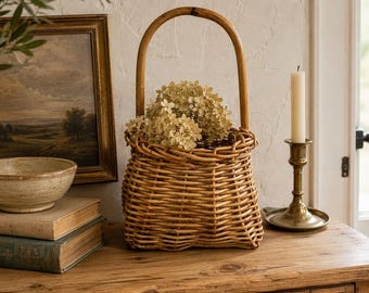 Vintage Wicker Gathering Basket with Handle English Cottage Shelf Decor