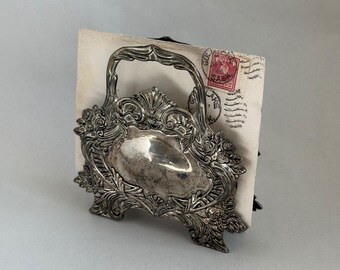 Ornate Silver Plate Napkin Holder, Repousse Floral Footed, Victorian Desk Decor