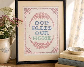Vintage God Bless Our Home Framed Folk Art Cross Stitch Style Handmade Artwork