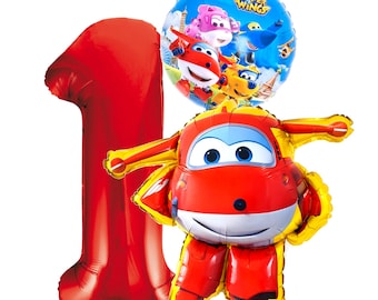 Super Wings Jett Folienballon Set mit Riesenzahl 1-9 Jet Ballon Dekoration Party Helium Luftballon Kinder Geburtstag Flugzeug Deko Rot Gold