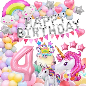 66 teiliges XXL Einhorn Unicorn Set Bunt Girls Set Deko Pastell Party Deco Pastell Rosa 1 2 3 4 5 6 7 8 9 100 cm Rainbow Folienballon Pink