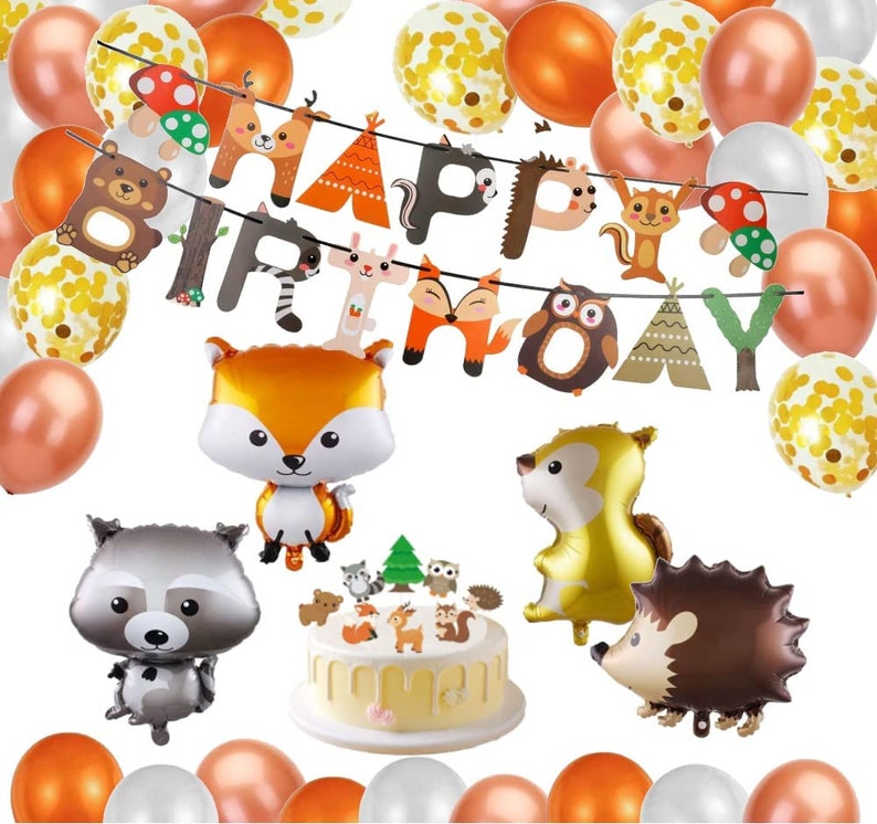 Forest animals birthday decoration set forest animals farm happy birthday foil balloon latex balloons balloon decoration cupcake stand animal autumn party image 5