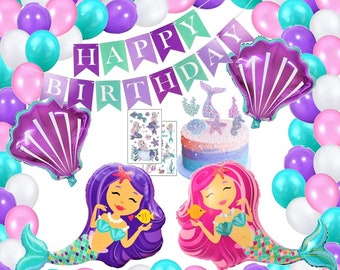 122pcs Set: Mermaid Girl Birthday Deco Foil Balloons Sea Virgo Moto Party Balloons Purple Cupcake Cake Sea Jungfrau Happy