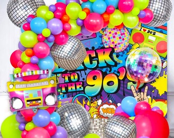90er Set XXL Deko 90s love parade discokugel Folienballons Bunt neon Luftballons Happy Birthday deco Party Geburtstag Retro grell schrill