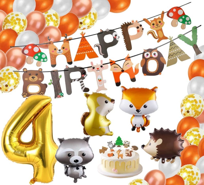 Waldtiere Geburtstag Deko Set Wald Tiere Bauernhof Happy Birthday Folienballon Latexballons Ballon Deko Cupcake Aufsteller Tier Herbst Party Zahl 4