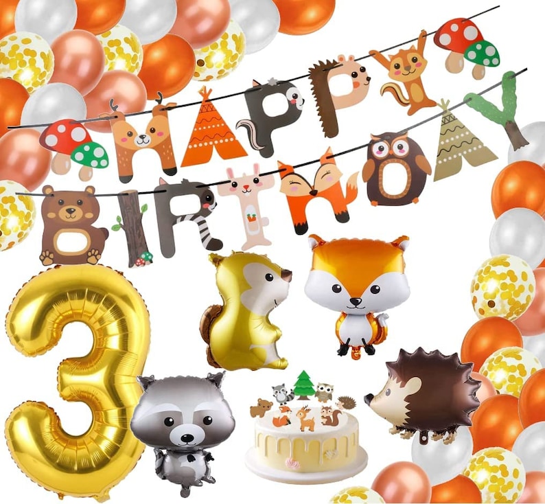 Waldtiere Geburtstag Deko Set Wald Tiere Bauernhof Happy Birthday Folienballon Latexballons Ballon Deko Cupcake Aufsteller Tier Herbst Party Zahl 3