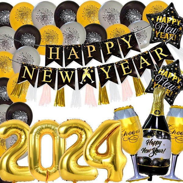 Happy New Year 2024 Deluxe Dekoration Schwarz Gold Folienballon Deko Silvester Party Neujahr Ballons Girlande Banner Silvesterparty Sektglas