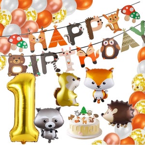 Waldtiere Geburtstag Deko Set Wald Tiere Bauernhof Happy Birthday Folienballon Latexballons Ballon Deko Cupcake Aufsteller Tier Herbst Party Zahl 1