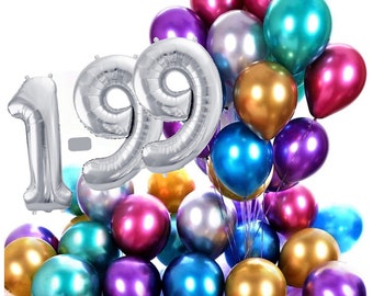 XXL 50 Metallic Luftballons + Zahl 100 cm Silber Metallik Glanz Glänzende Metalic Ballons deco Bunt Farbige Party Dekorative Ballons Feier