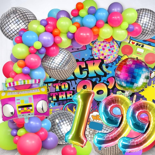 90er Set XXL Deko 90s love parade Zahl 1-99 Bunt 100cm discokugel Folienballons Bunt neon Luftballons Happy Birthday deco Party Geburtstag