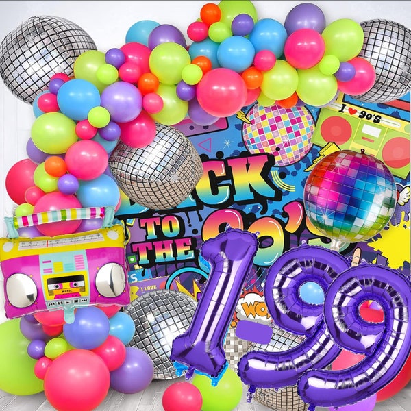 90er Set XXL Deko 90s love parade Zahl 1-99 Lila 100cm discokugel Folienballons Bunt neon Luftballons Happy Birthday deco Party Geburtstag