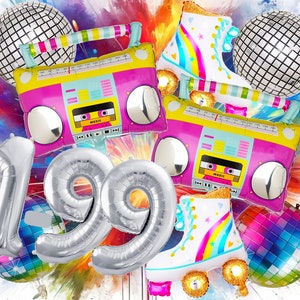 90er Jahre Party Deko Set mit Folienballon in Form eines Kassettenrekorders und Neon-Deko, Rollschuhe, Disokugel Geburtstag retro 80er 90s Bild 1