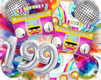 90er Jahre Party Deko Set mit Folienballon in Form eines Kassettenrekorders und Neon-Deko, Rollschuhe, Disokugel Geburtstag retro  80er 90s