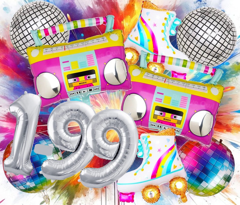 90er Jahre Party Deko Set mit Folienballon in Form eines Kassettenrekorders und Neon-Deko, Rollschuhe, Disokugel Geburtstag retro 80er 90s Bild 1