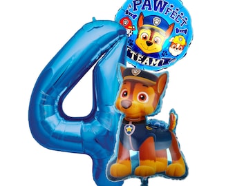 Chase Geburtstag Set 4 Zahl Blau 100 cm Folienballon Happy Birthday Paw Patrol Ballon Deko Party Folienballon Deco Dekoration 3 Year blue 4