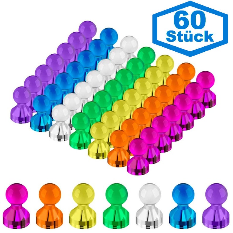 60 Neodym Magnete Bunt Blau Gelb weiß Pink Kühlschrank farbig Schach Pins Flipchart Whiteboard Büro Bild 1