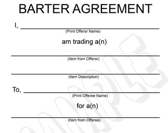 Formulario de acuerdo de trueque- Formulario de comercio- Formulario de VENTAS- Plano - En blanco - Formulario- PDF imprimible JPEG 8.5 x11
