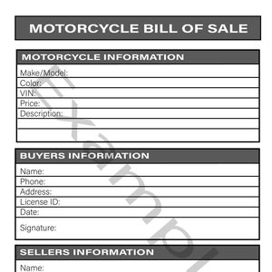 MOTOR CYCLE Bill of Sale Printable PDF Form