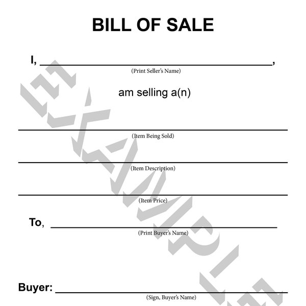 Bill Of Sale Form-PLAIN- Printable- PDF JPG- 8.5 x 11