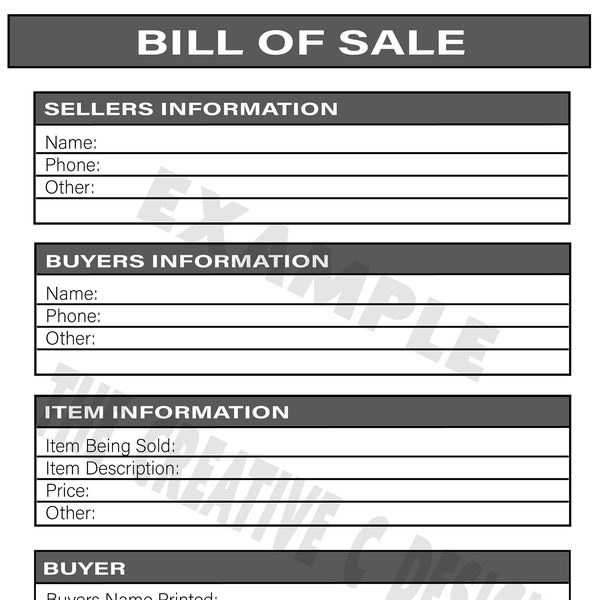 Bill Of Sale - Printable - Download - LARGE font - 8.5 x 11 - PDF -JPG