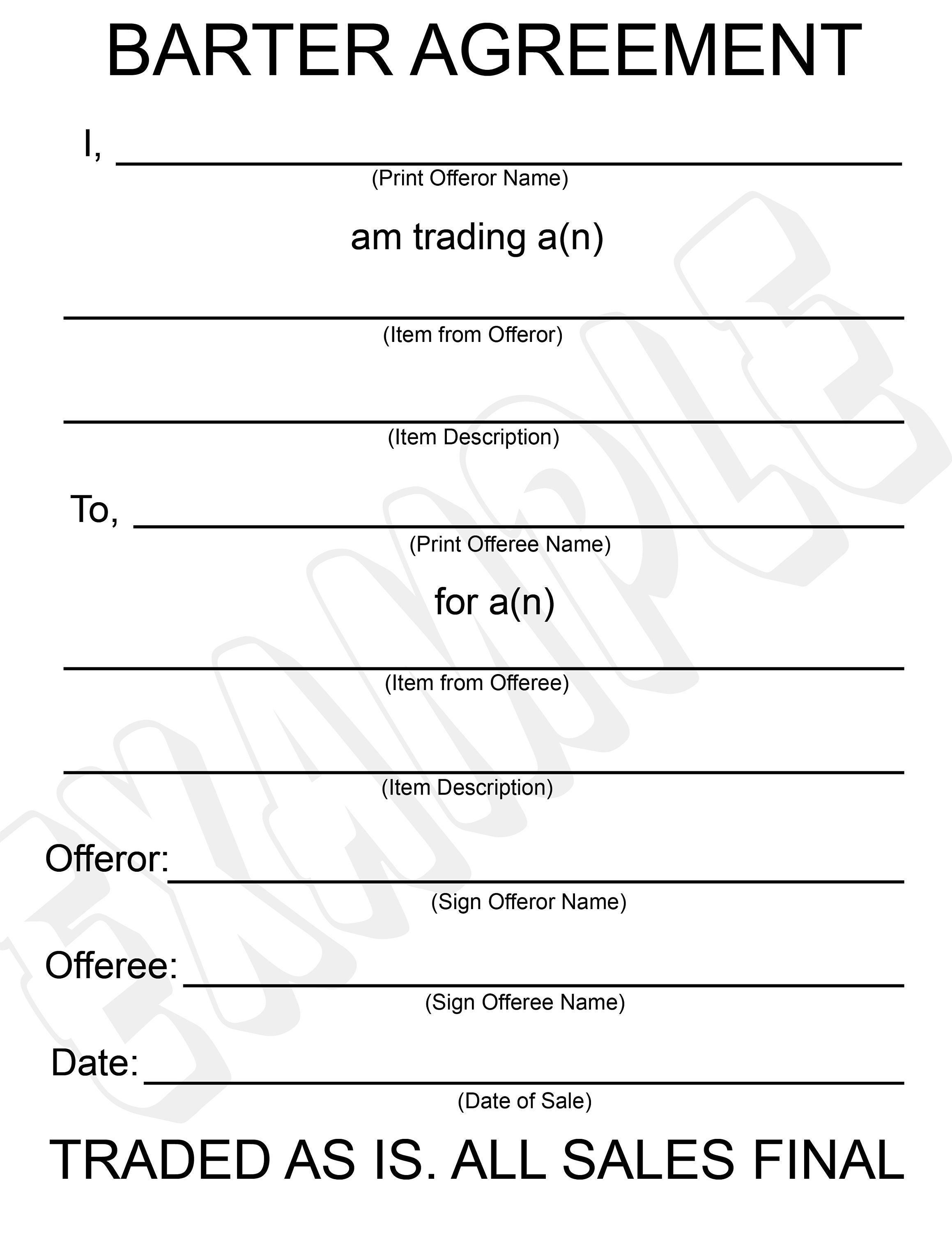 Barter Agreement Form Trading Form SALES Form Plain Blank Form ...
