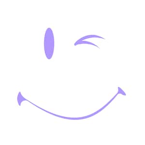 Può includere: Un viso sorridente di cartone animato viola con un occhio chiuso, che fa l'occhiolino e un ampio sorriso.
